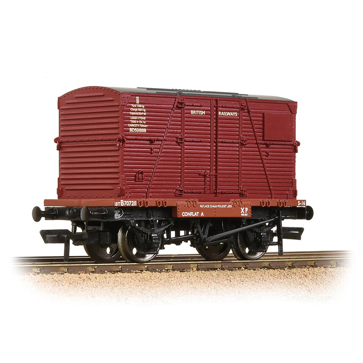 Bachmann 37-951E Conflat Wagon BR Bauxite (Early) With BR Crimson BD Container [WL]